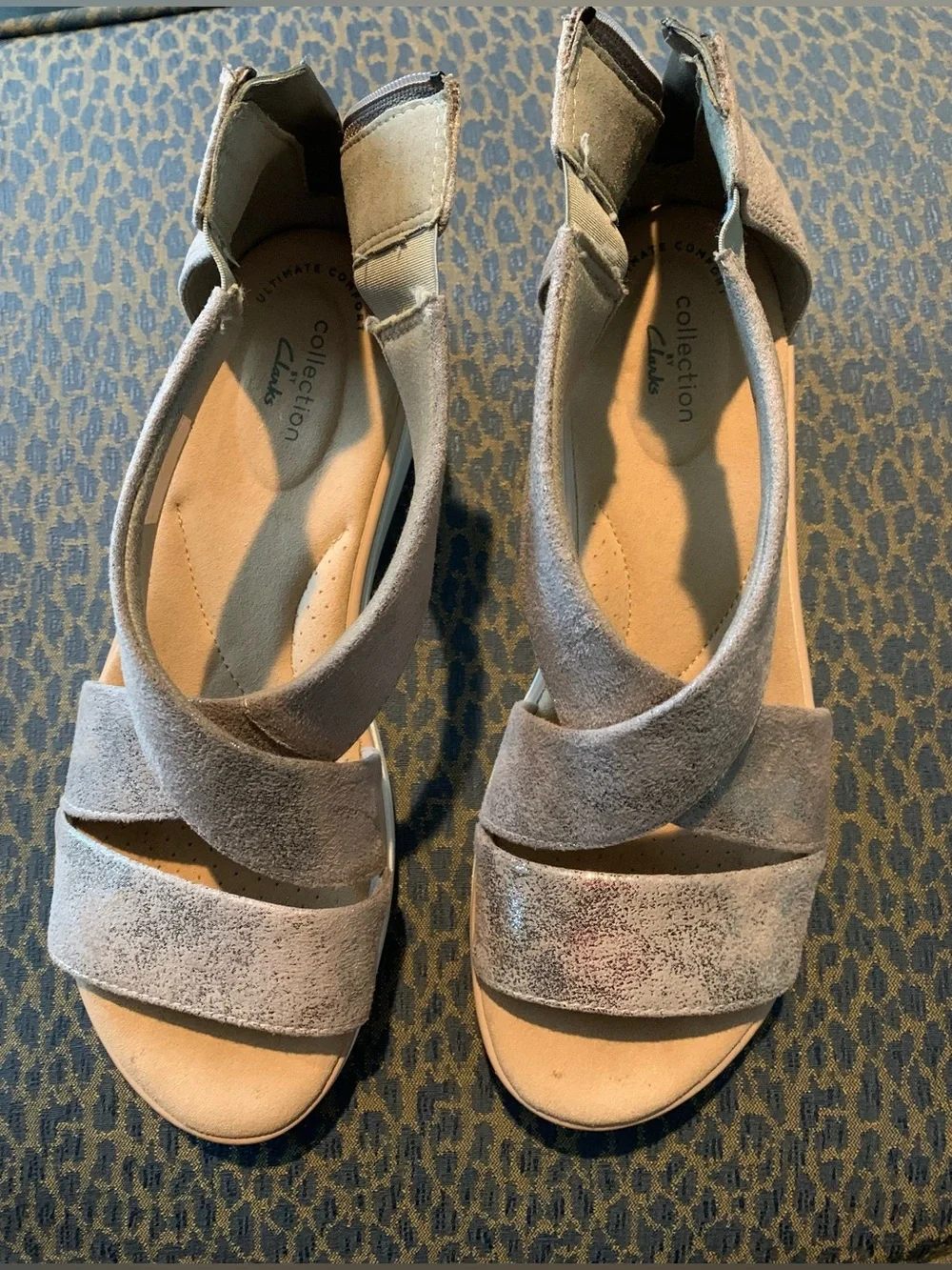Clarks golden gray chrome suede wedge sandals